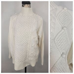 J Crew Sweater Sz L Swingy Cable Knit Mockneck Chunky Ivory Mini Pompoms ECRU